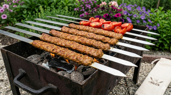 Saffron-marinated chicken kabab on Persian skewers