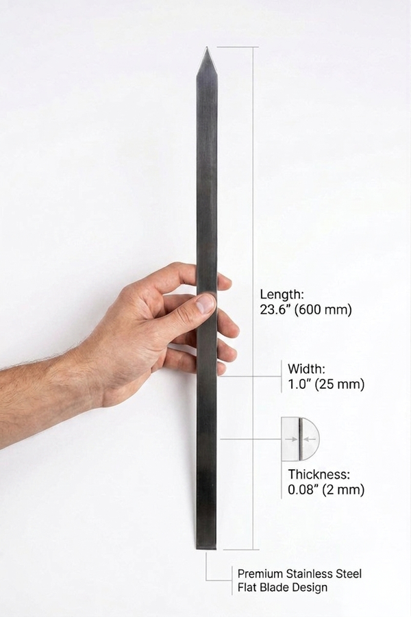 A hand holding an Arta 1-inch wide Persian kabab skewer to show scale — 600mm long, 25mm wide, 2mm thick