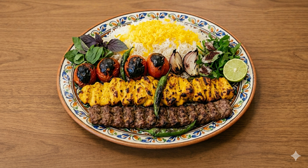 Persian Soltani platter — Joojeh and Koubideh kababs over saffron rice with grilled tomato, onion and lime